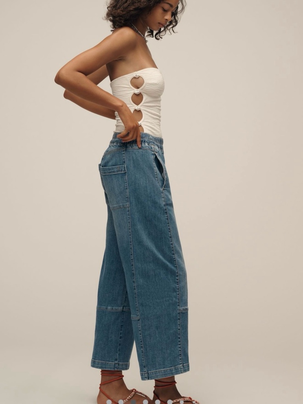 Pilcro Wide Leg Flared Hem Denim Jeans - Light Blue - Picture 2 of 8